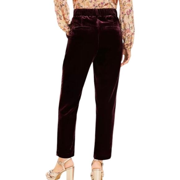 Loft Crushed Blackberry Pleated Velvet Tapered Leg Back Elastic Comfy Pants 14 - Picture 3 of 7